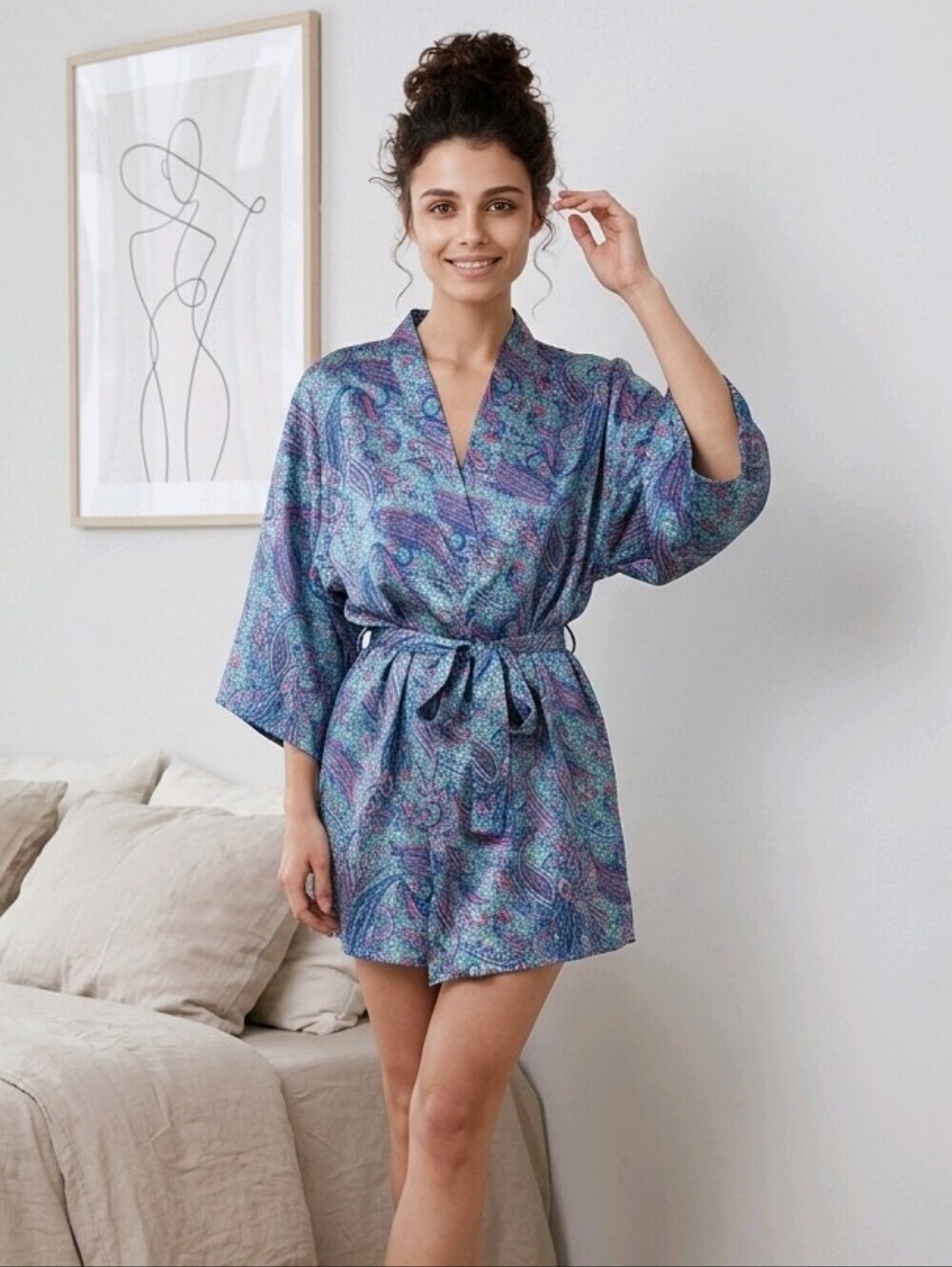Women's Vintage Coquette VAL MODE Paisley Satin Short Robe M Blue Pink Summer